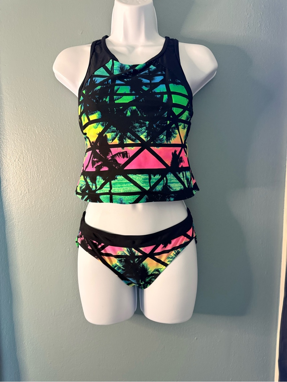 Joe Boxer Neon Multi High-Neck Bikini Set with Palm Silhouette